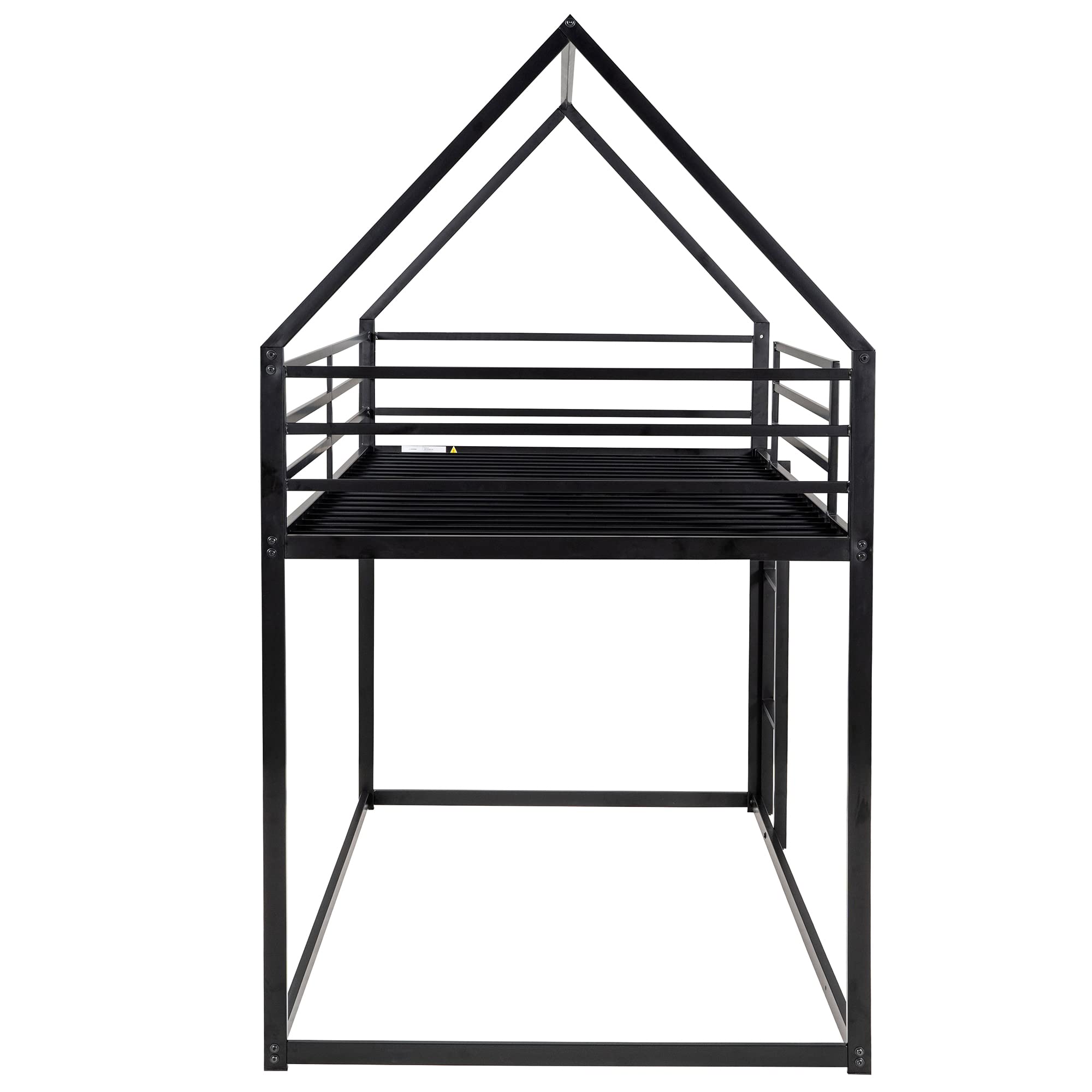 Merax Kids Heavy Metal House Low Bunk Bed Twin Over Twin, Montessori Floor Bunk Bed Frame with Ladder & Full-Length Guardrail, Space Saving Black