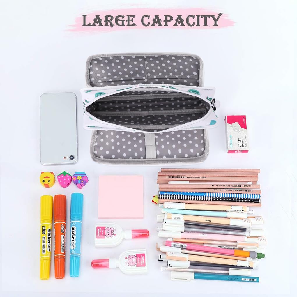 Oyachic Large Pencil Case Big Capacity Pencil Pouch 3 Compartments Pen Bag Canvas Pen Holder Box Zipper Cosmetic Makeup Bag Storage Organizer Stationary Bag for Office Supplie