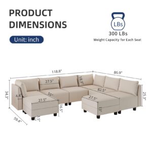 LLappuil Oversized Modular Sectional Sleeper Sofa, Convertible U Shaped Sofa Couches for Living Room, Breathable Soft Fabric, 6 Extra Deep Seats, 2 Storage Ottomans, Washable, Removable, Beige