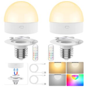 rechargeable light bulbs with remote,350lm detachable e26 battery operated light bulb with dimmable＆timer＆15 colors selectable,wireless puck emergency lamp for wall sconce,non-hardwired,2-pack