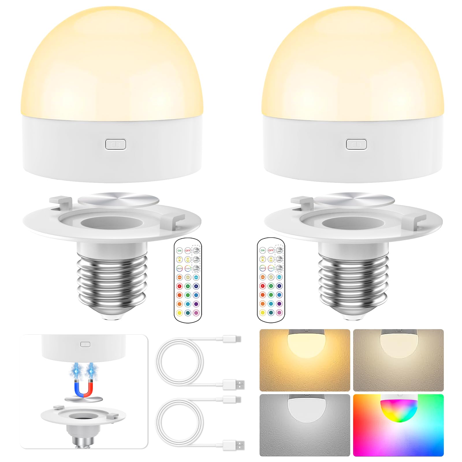 Rechargeable Light Bulbs with Remote,350LM Detachable E26 Battery Operated Light Bulb with Dimmable＆Timer＆15 Colors Selectable,Wireless Puck Emergency Lamp for Wall Sconce,Non-Hardwired,2-Pack