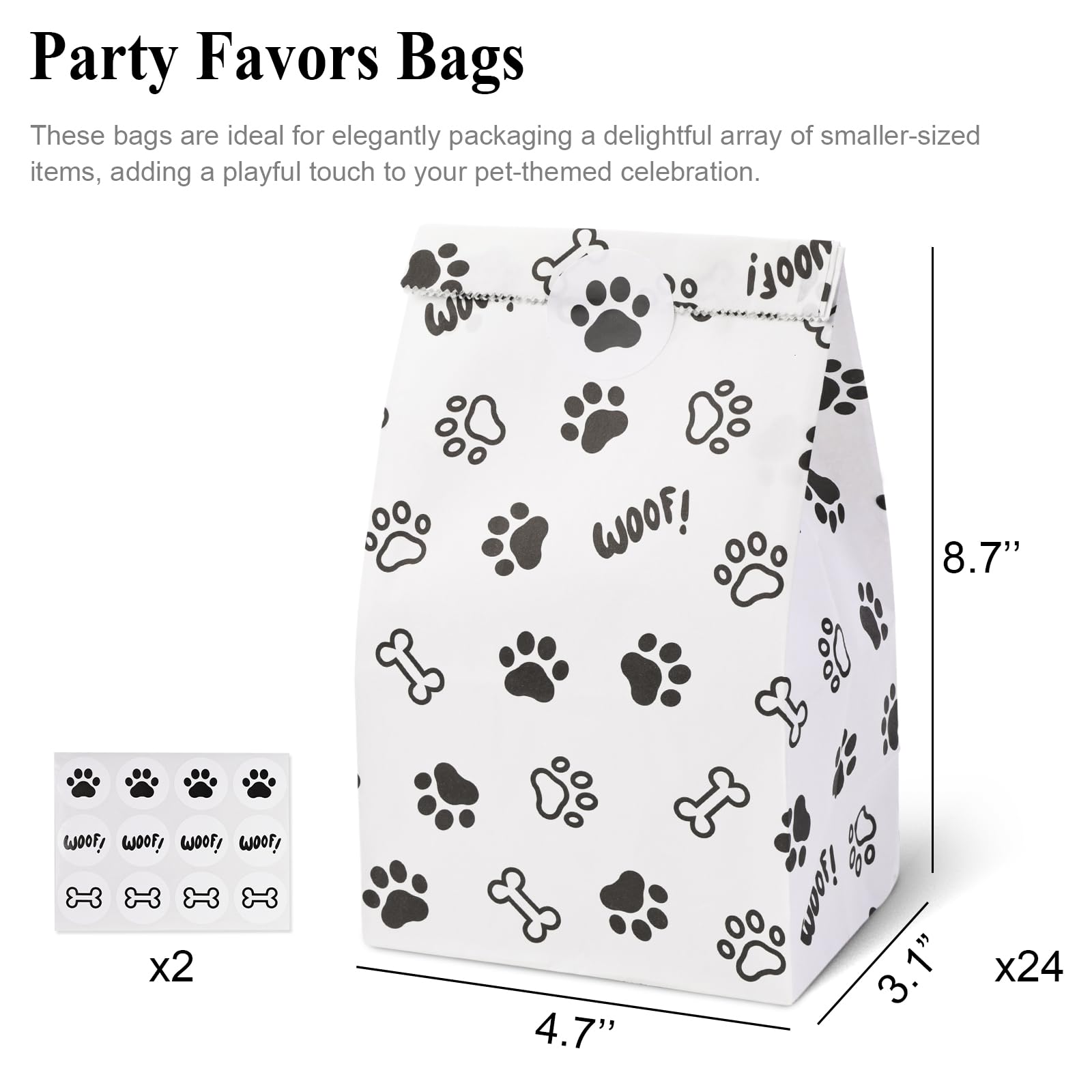 JOHOUSE Dog Paw Print Gift Paper Bags, 24PCS Paw Print Treat Bags Black White Paw Goodie Bags for Birthday Party Baby Shower Holiday Celebration 4.7"x 3.1"x 8.7"