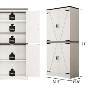 chartustriable 71in Farmhouse Kitchen Pantry Cabinet,Tall Storage Cabinet with 4 Doors and Adjustable shelves,with Load-Bearing Steel Pipe,Wood Storage Cabinets for Kitchen,Dining Room,Bathroom(White)