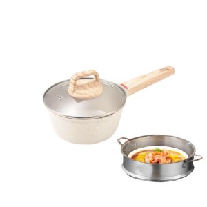 saucepan with lid and steamer 2.2 quart, unoschrim non-stick small sauce pot, small milk pot with two side spouts, multipurpose cooking pot for steaming, boiling and frying, all stove tops compatible