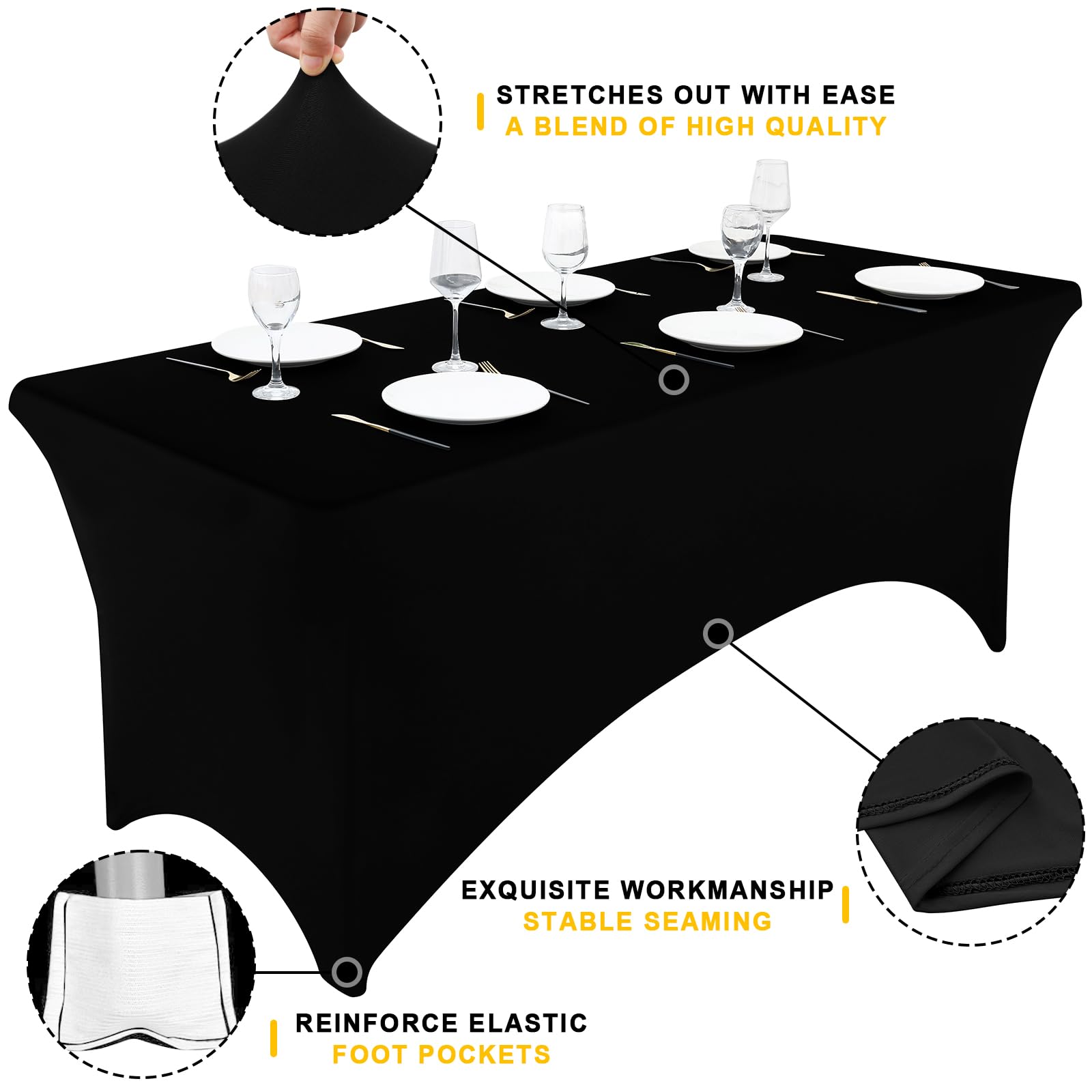 Smiry 2 Pack Spandex Table Cloth 6FT, Elastic Fitted Stretch Tablecloths for Rectangle Tables, Washable Table Cover for Outdoor, Wedding, Banquet & Parties (Black, 72Lx30Wx30H Inch)