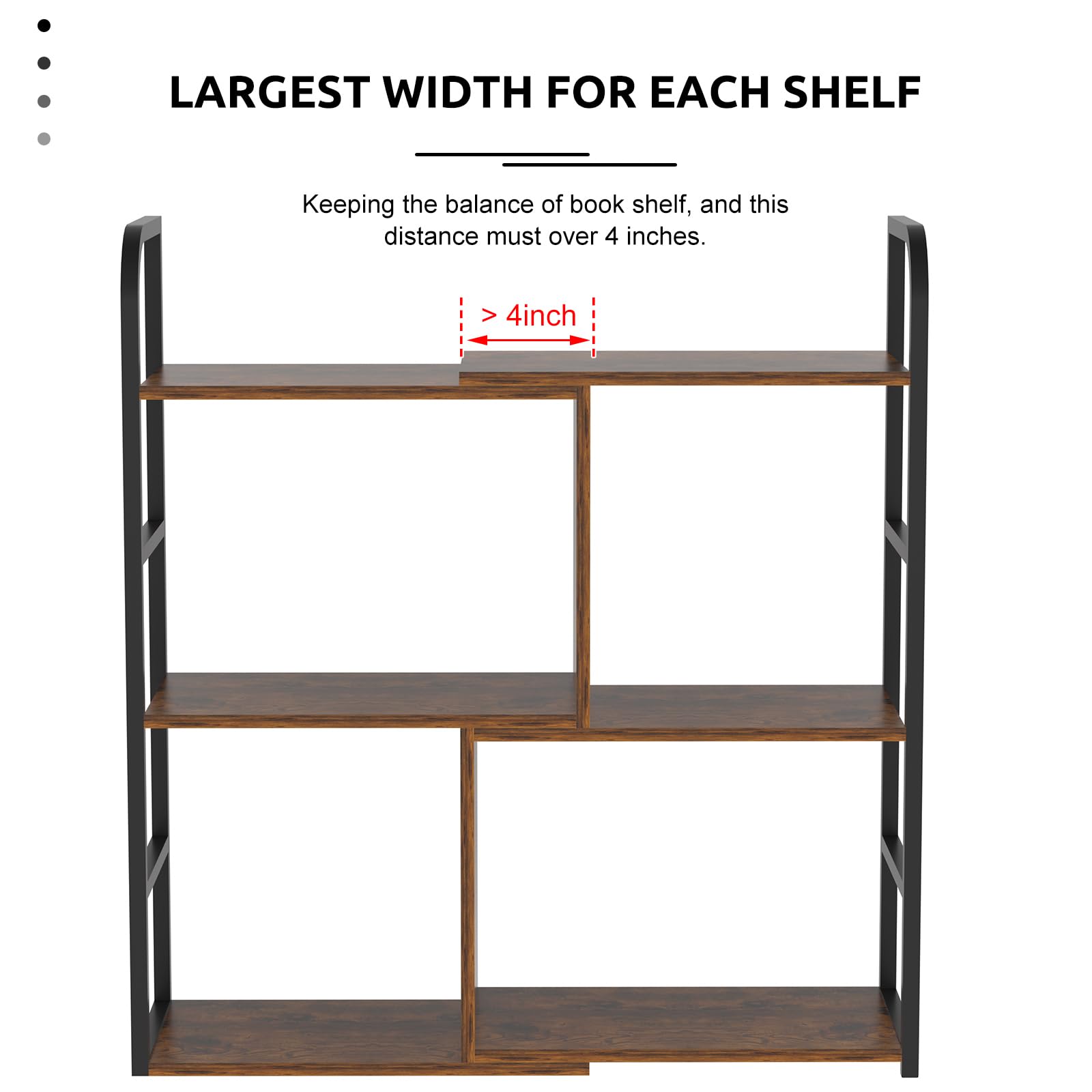 3-Tier Home Office Bookcase Shelf, Expandable Small Book Shelf, Narrow Bookshelves with Metal Frame, Bedroom&Living Room Modern Metal and Wood Standing Storage Shelving Unit Books Shelf Organizer