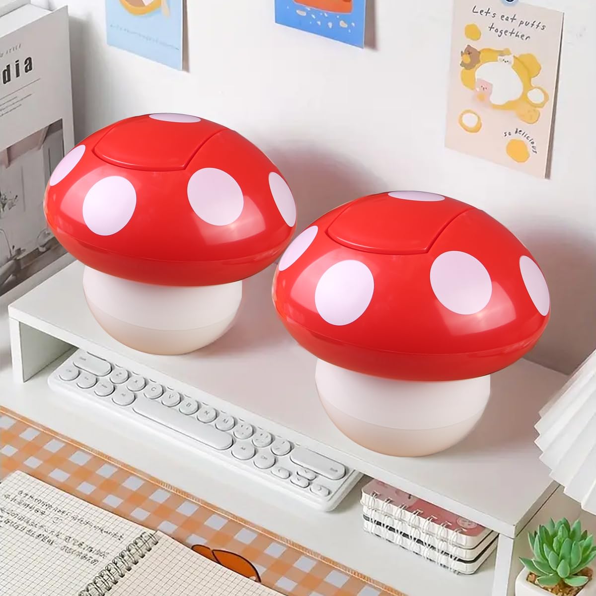 MiellyTava Mini Trash Can Mushroom Trash Can Mushroom Waste Bin Desktop Garbage Bin Cute Waste Basket with Lid for Home OfficeKitchen Trash Can