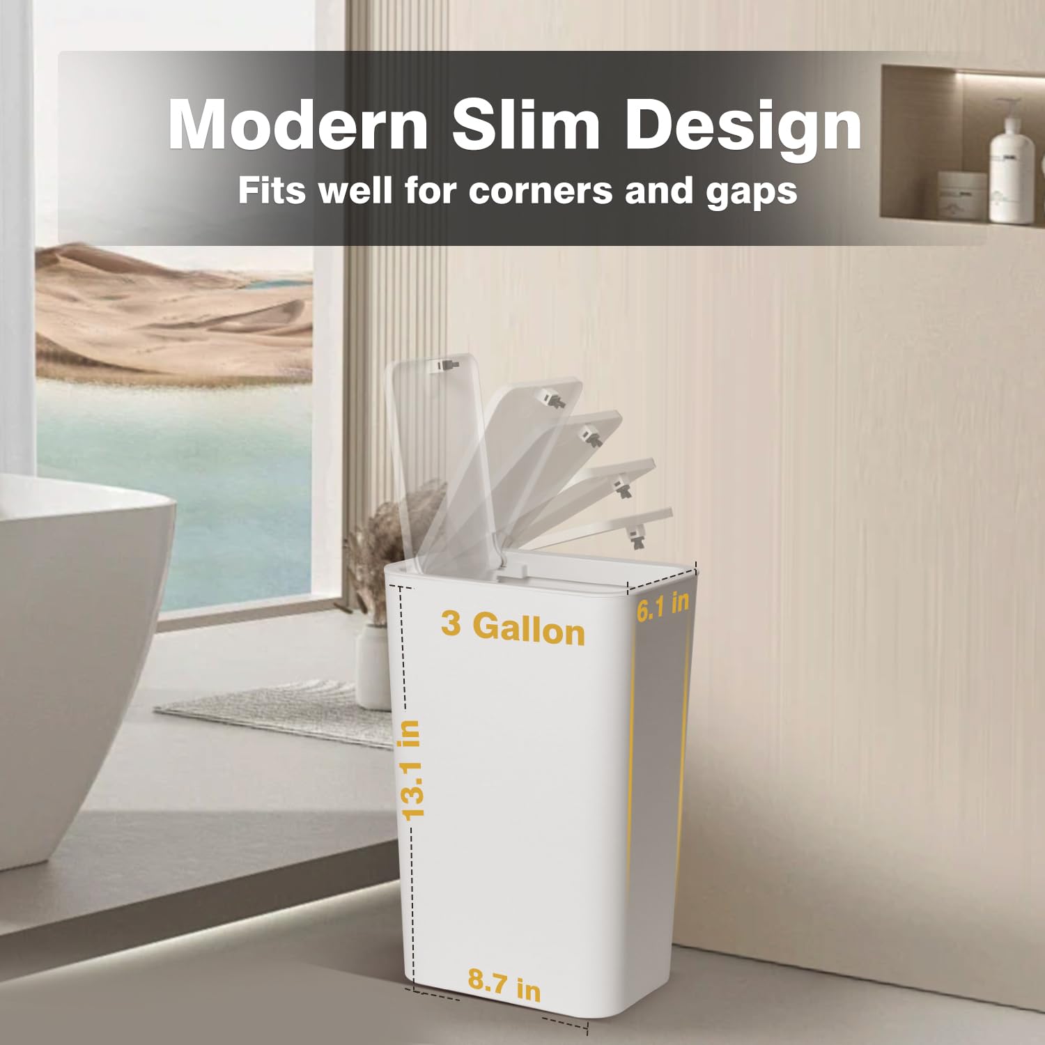 Large Trash Can Bathroom with Lid - 3Gal / 10L Slim White Plastic Garbage Can for Kitchen, Bedroom, Living Room & Office