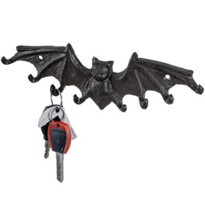 mygift 8-hook vintage dark brown cast iron hanging key holder in gothic flying bat design, wall mounted halloween themed entryway hooks for keys, pet leashes, id lanyards