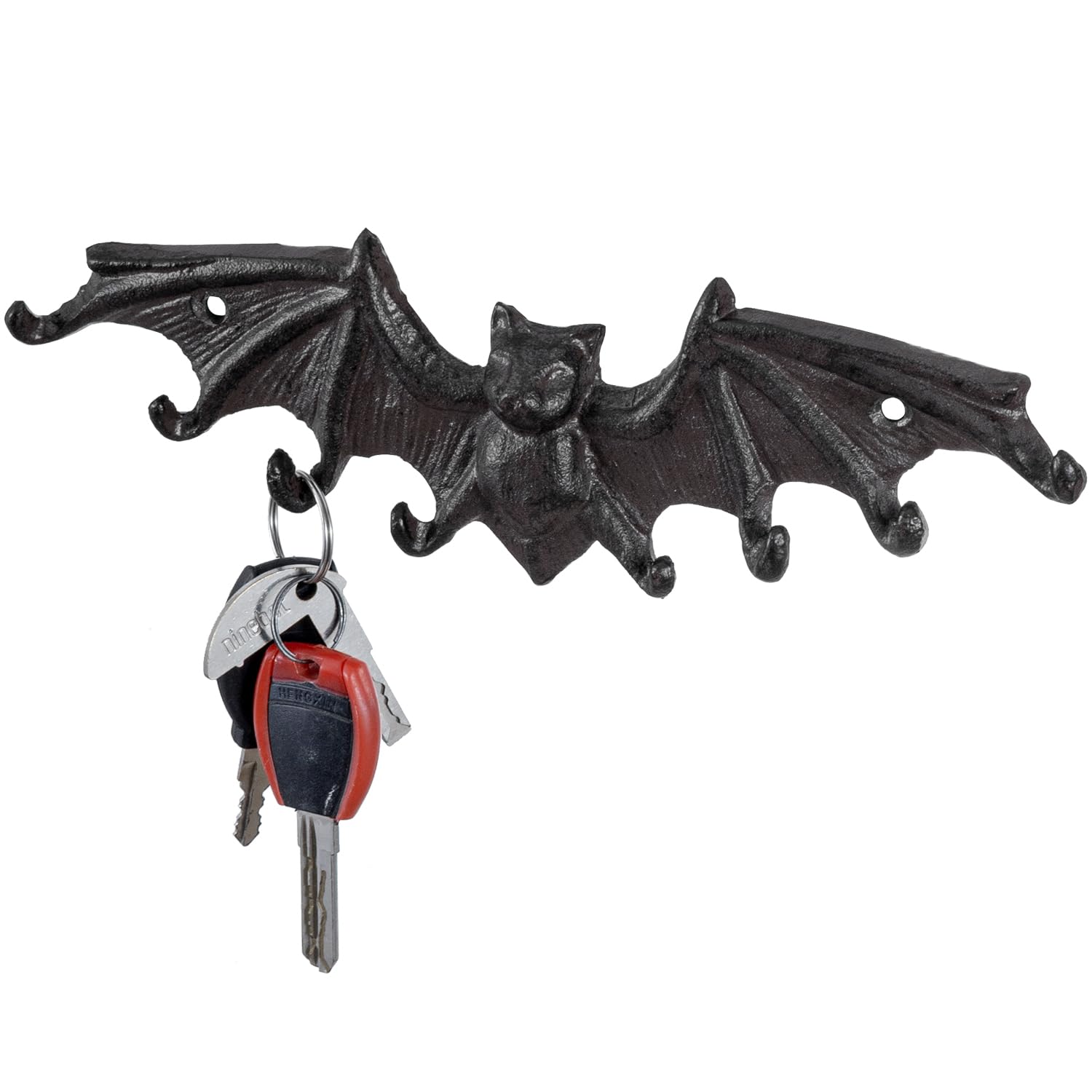 MyGift 8-Hook Vintage Dark Brown Cast Iron Hanging Key Holder in Gothic Flying Bat Design, Wall Mounted Halloween Themed Entryway Hooks for Keys, Pet Leashes, ID Lanyards