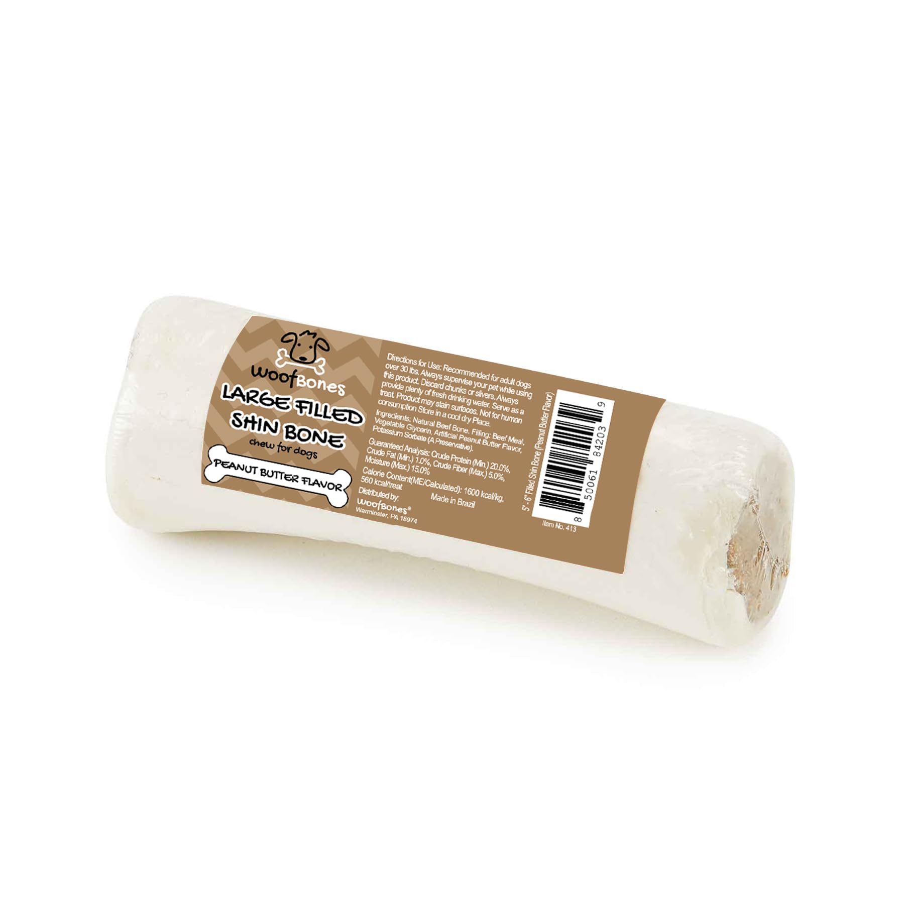 WoofBones Large 5-6" Filled Dog Bones, Peanut Butter Flavor - Long Lasting Stuffed Femur for Aggressive Chewers Dental Treat (Single Bone)