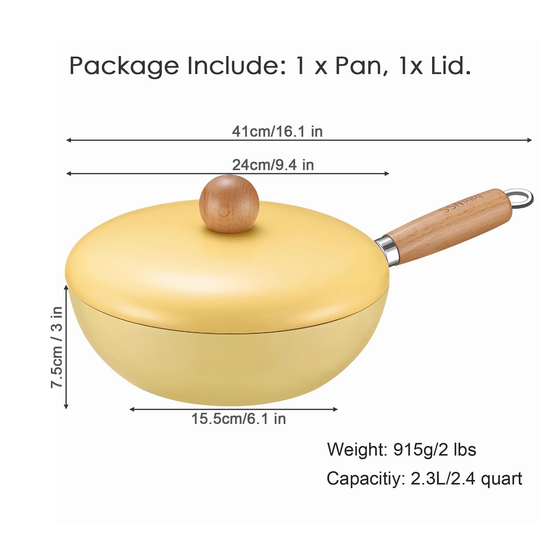 RosyMyth Non Stick Frying Pan, Double-sided Ceramic Coating Mini Wok, 24cm / 9.4 Inch / 2.3 quart Capacity, Yellow