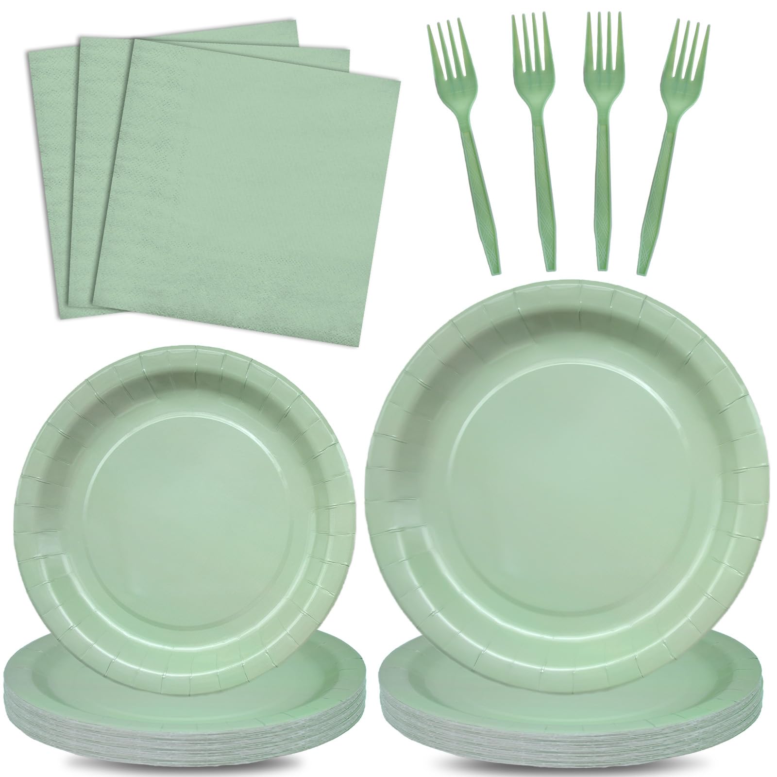 96 Pieces Sage Green Tableware Party Supplies - Elegant Light Green Disposable Dinnerware Set with Paper Plates, Napkins, and Forks for Birthdays, Weddings, Bridal Showers, Baby Showers - Serves 24