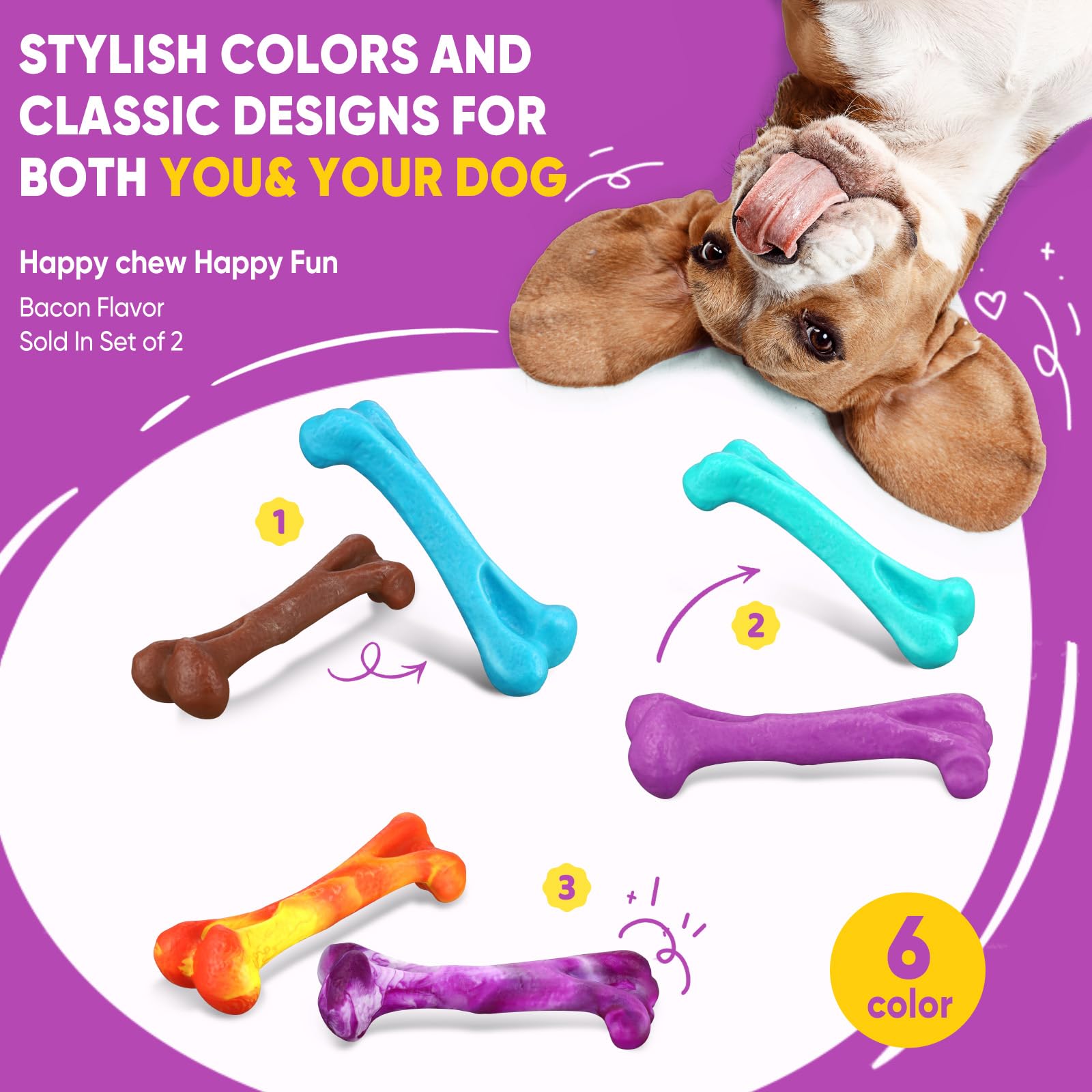 Mitzifuzz Tough Dog Toys for Aggressive Chewers, Interactive Dog Toys to Keep Them Busy, Dog Chew Toys Long Lasting for Large/Medium/Small Dogs, for Teeth Cleaning, Bacon Flavor(2pcs, Purple+Cyan)