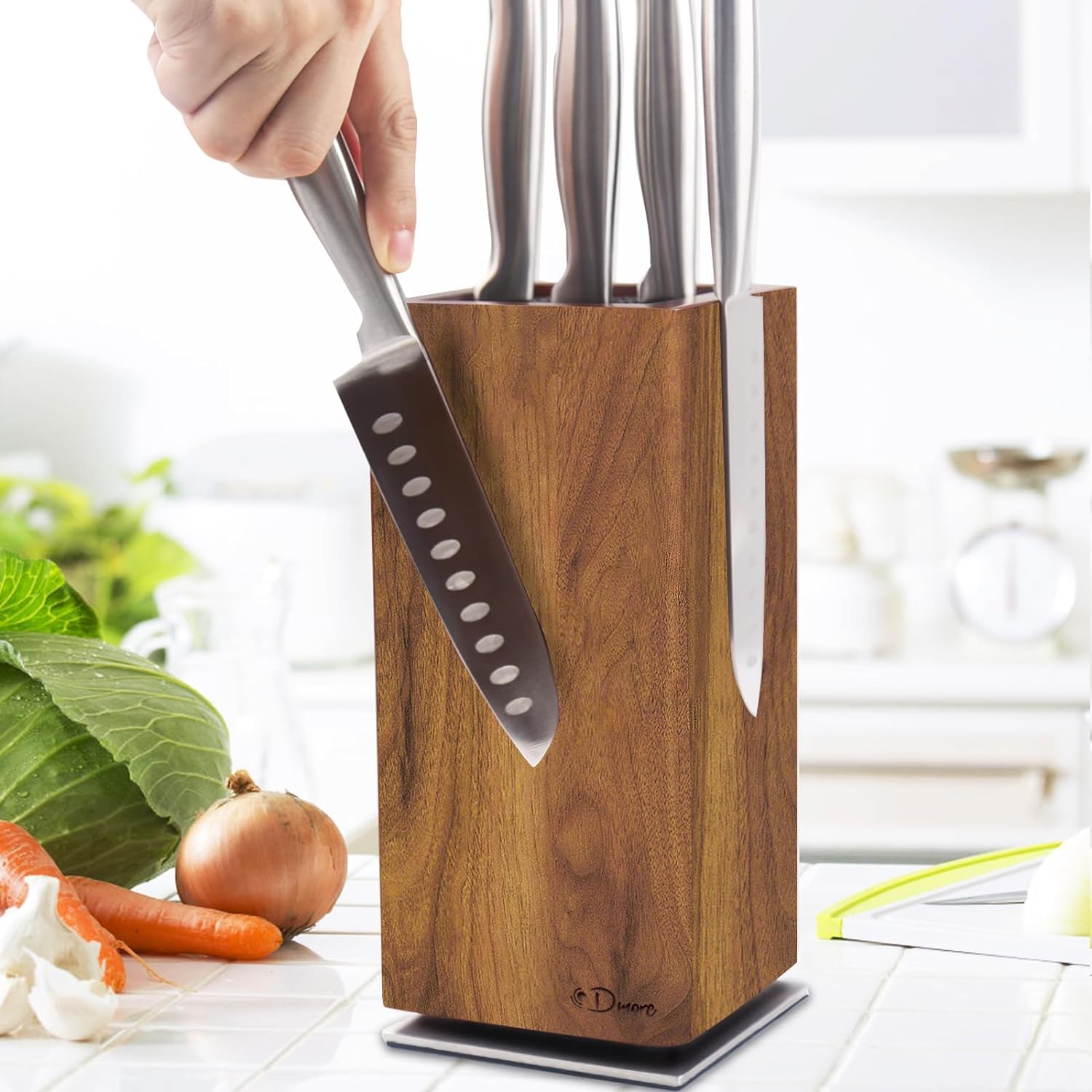 Dmore magnetic knife block without knives, 360° rotatable magnet knife holder stand made of fine acacia wood, Extra Large capacity knife storage for knives and utensils for kitchen counter top