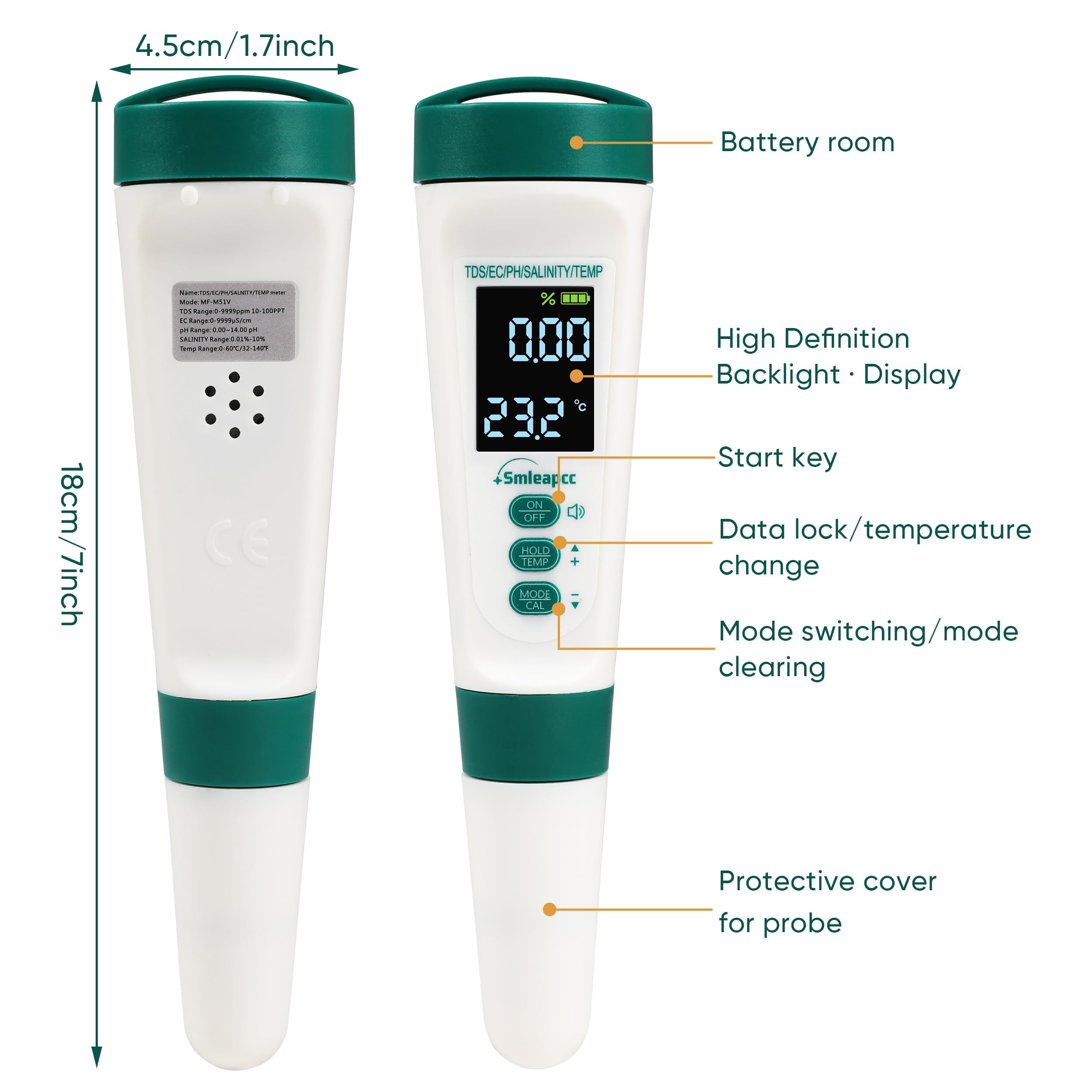 Smleapcc TDS Meter, 5 in 1 PH Meter,PH/TDS/EC/Salinity/Temp Meter for Water,High Accuracy Water Testing Kits for Drinking Water, Pools, Fish Tank, and Hydroponics，Rechargeable (White)