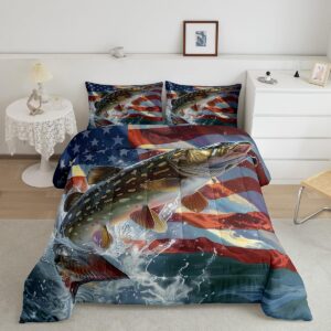 feelyou american flag big pike fish comforter set bass big fish bedding set for kids boys girls hunting fishing comforter soft quilt set twin size