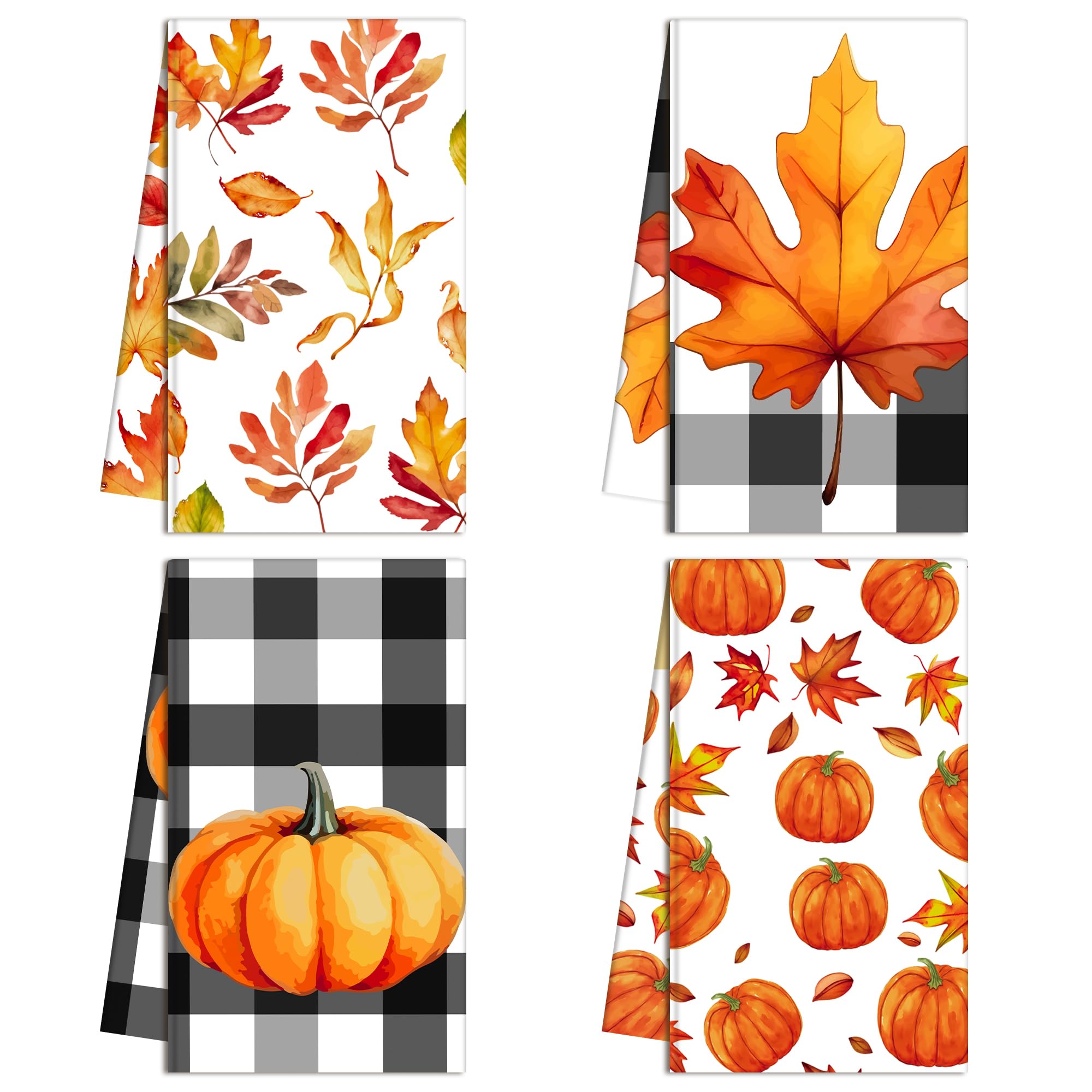 Fall Kitchen Towels Maple Leaf Pumpkin Plaid Hand Towels Fall Thanksgiving Dish Towels Drying Cloth Towel Autumn Dishcloth Tea Towels for Autumn Bathroom Kitchen Cooking Baking, 4 Pack, 26 x 18 Inch