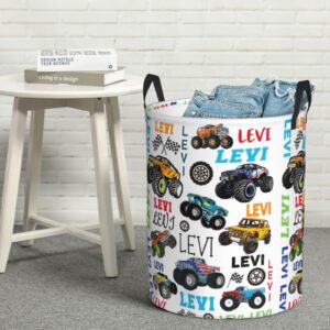 Personalized Mon-Ster Truck Laundry Hamper Gifts, Custom Trucks Laundry Basket With Name for Kids Boys Girls Adult, Collapsible Baby Laundry Hamper, Dirty Clothes Hamper With Handles 16.5x13.8 Inch