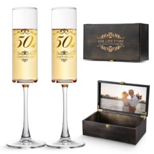 urllinz 50th wedding anniversary champagne flutes gifts-50th anniversary decorations,best anniversary wedding gift for couples parents,set of 2 with wooden memory keepsake box