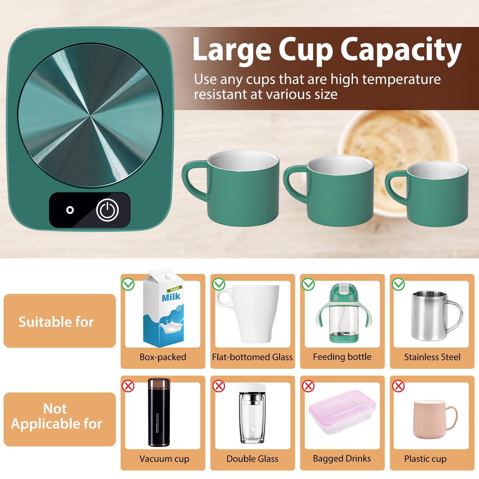 Mug Warmer for Coffee, Electric Coffee Warmer for Desk with Automatic Constant Temperature, with Aluminum Metal Panel for Heating Coffee, Beverage, Milk, Tea and Hot Chocolate (No Cup)