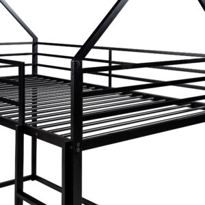 Merax Kids Heavy Metal House Low Bunk Bed Twin Over Twin, Montessori Floor Bunk Bed Frame with Ladder & Full-Length Guardrail, Space Saving Black