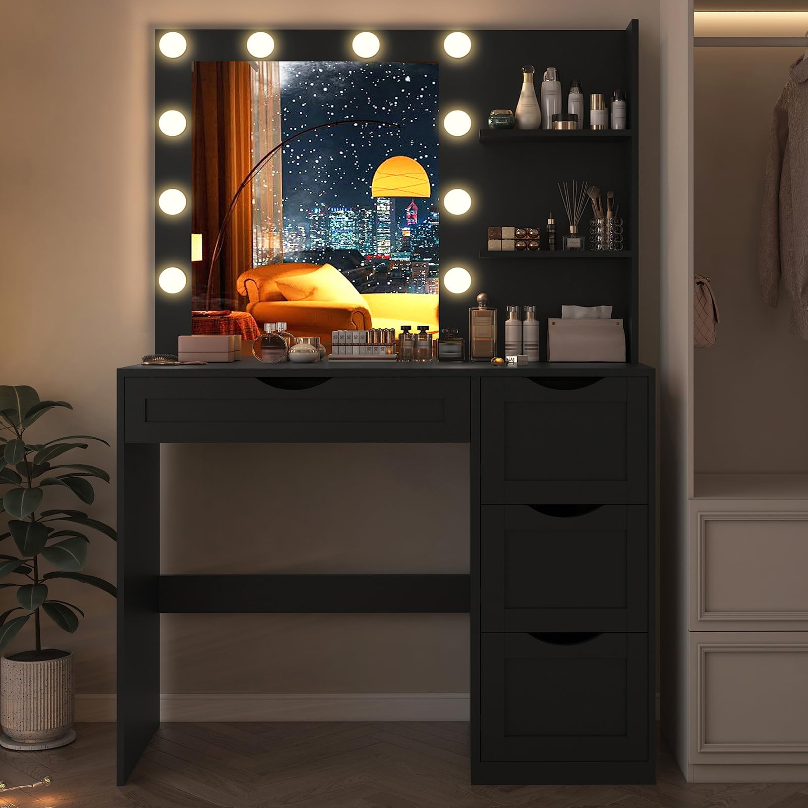 usikey Makeup Vanity Desk with Mirror and 10 LED Lights, Makeup Vanity Table with 4 Drawers, Vanity Desk Dressing Table with 2 Storage Shelves, 3 Color Modes Adjustable Brightness for Bedroom,Black