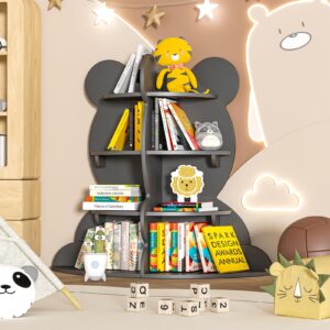 hedoajim kids bookshelf little bear toddler book rack 4-tier baby child bookcase toy organizer book storage wood display stand shelf for nursery playroom bedroom classroom kindergarten