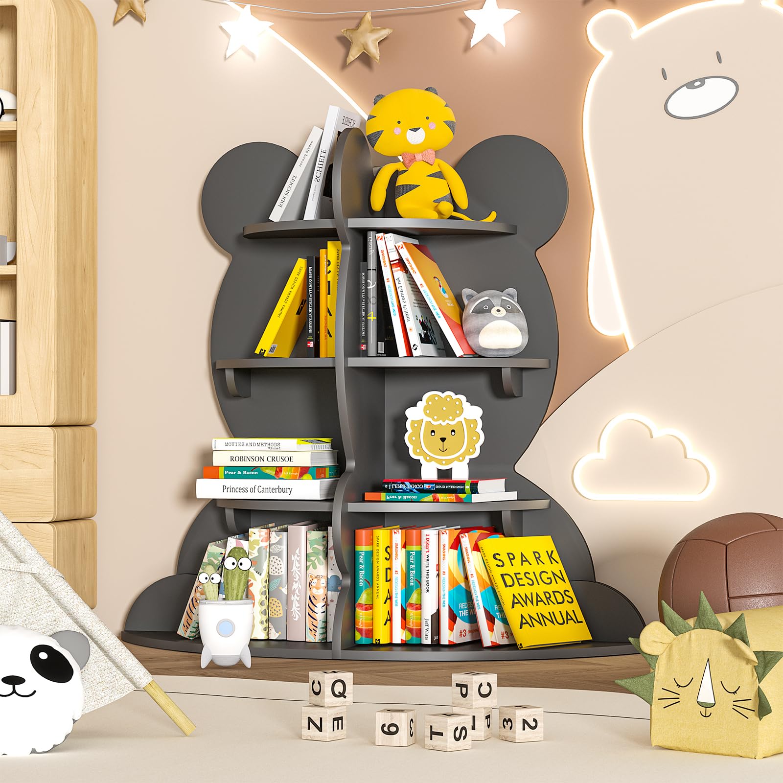 HedoAjim Kids Bookshelf Little Bear Toddler Book Rack 4-Tier Baby Child Bookcase Toy Organizer Book Storage Wood Display Stand Shelf for Nursery Playroom Bedroom Classroom Kindergarten