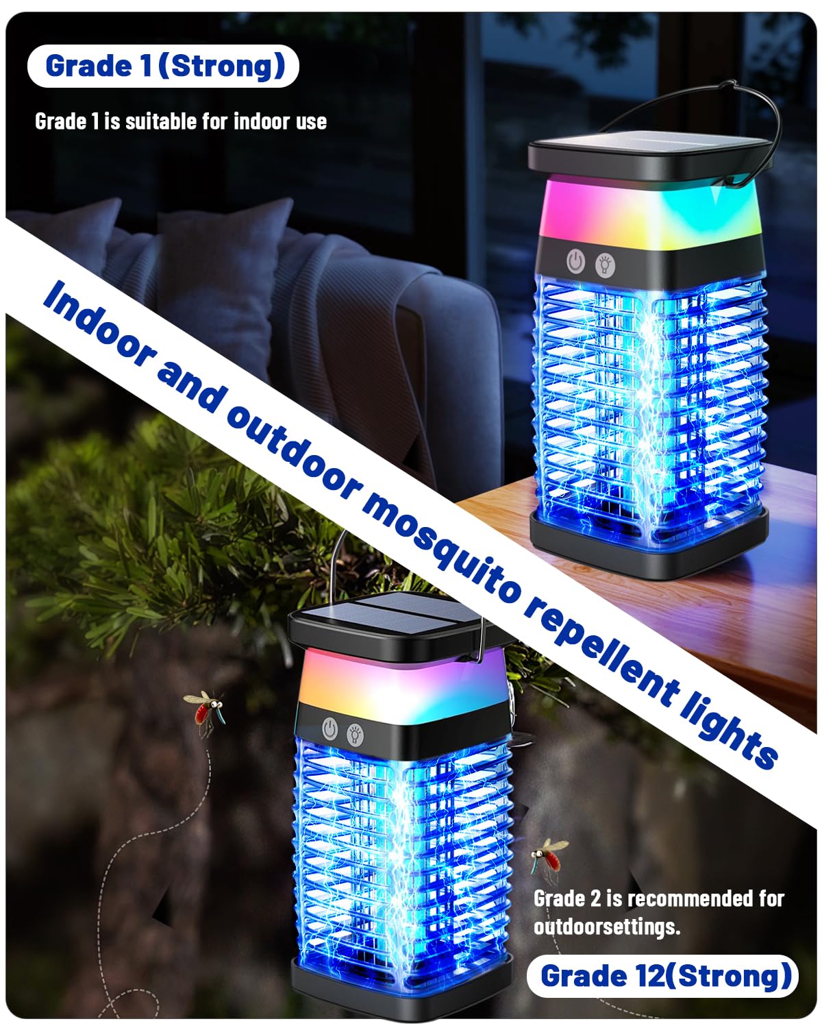 Solar Bug Zapper Outdoor Indoor, 3 in 1 Portable Electric Mosquito Zapper, Waterproof Plug in with RGB Light & Reading Lamp, Rechargeable Fly Zapper Insect Trap for Patio Camping Home Backyard