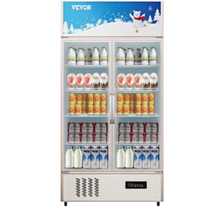 vevor commercial merchandiser refrigerator 2 glass doors, cubic ft, upright display beverage cooler 79" tall x 39.4" width, fridge with led lighting for drink wine soda, gold, 23 cu.ft