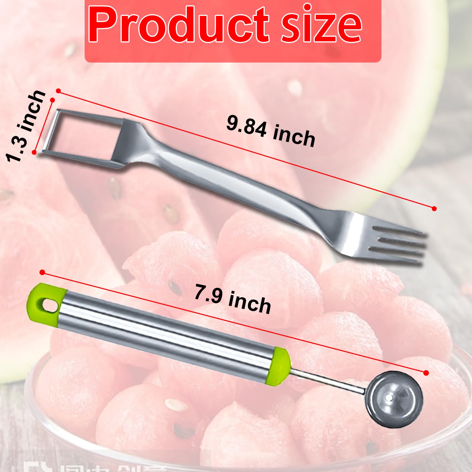 2-in-1 Stainless Steel Watermelon Fruit Cutter Slicer Tool and Melon Baller Scoop Fruit Ball Cutter Set, 2024 New Dual Head Fork Knife Melon Cutter Cutting Tool, for Home Kitchen Gadget (2 Pcs)