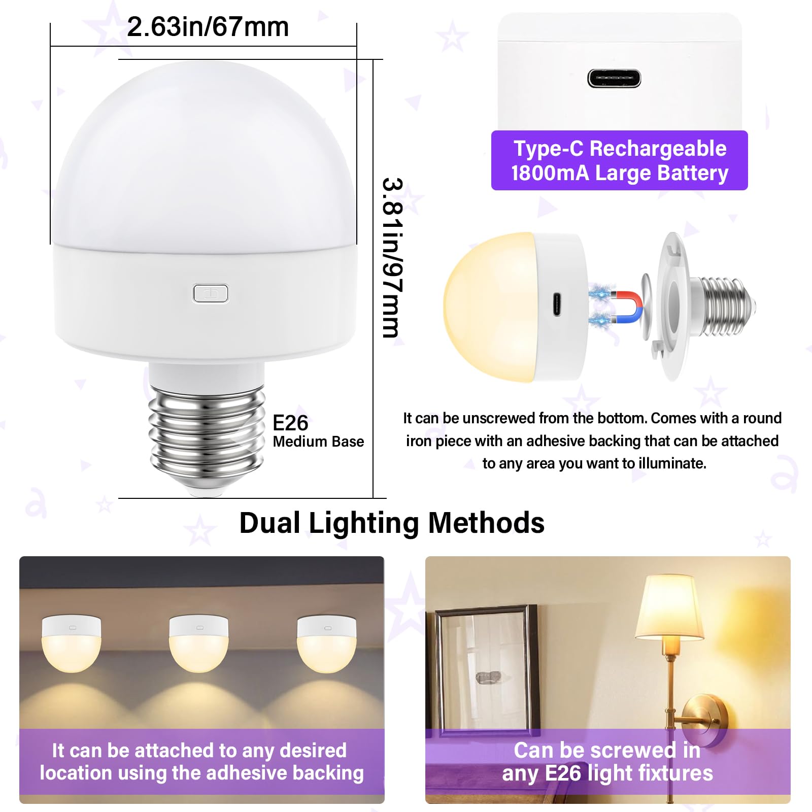 Rechargeable Light Bulbs with Remote,350LM Detachable E26 Battery Operated Light Bulb with Dimmable＆Timer＆15 Colors Selectable,Wireless Puck Emergency Lamp for Wall Sconce,Non-Hardwired,2-Pack