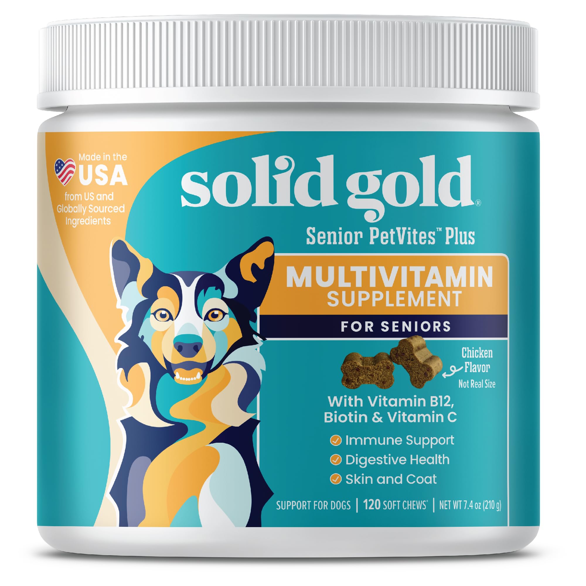 Solid Gold Dog Multivitamin - PetVites Dog Vitamins Chewable Supplement - Vitamin C, A, B12, & E Plus Probiotics & Antioxidants to Promote Immune Health & Digestive Wellness (120 Count Senior)