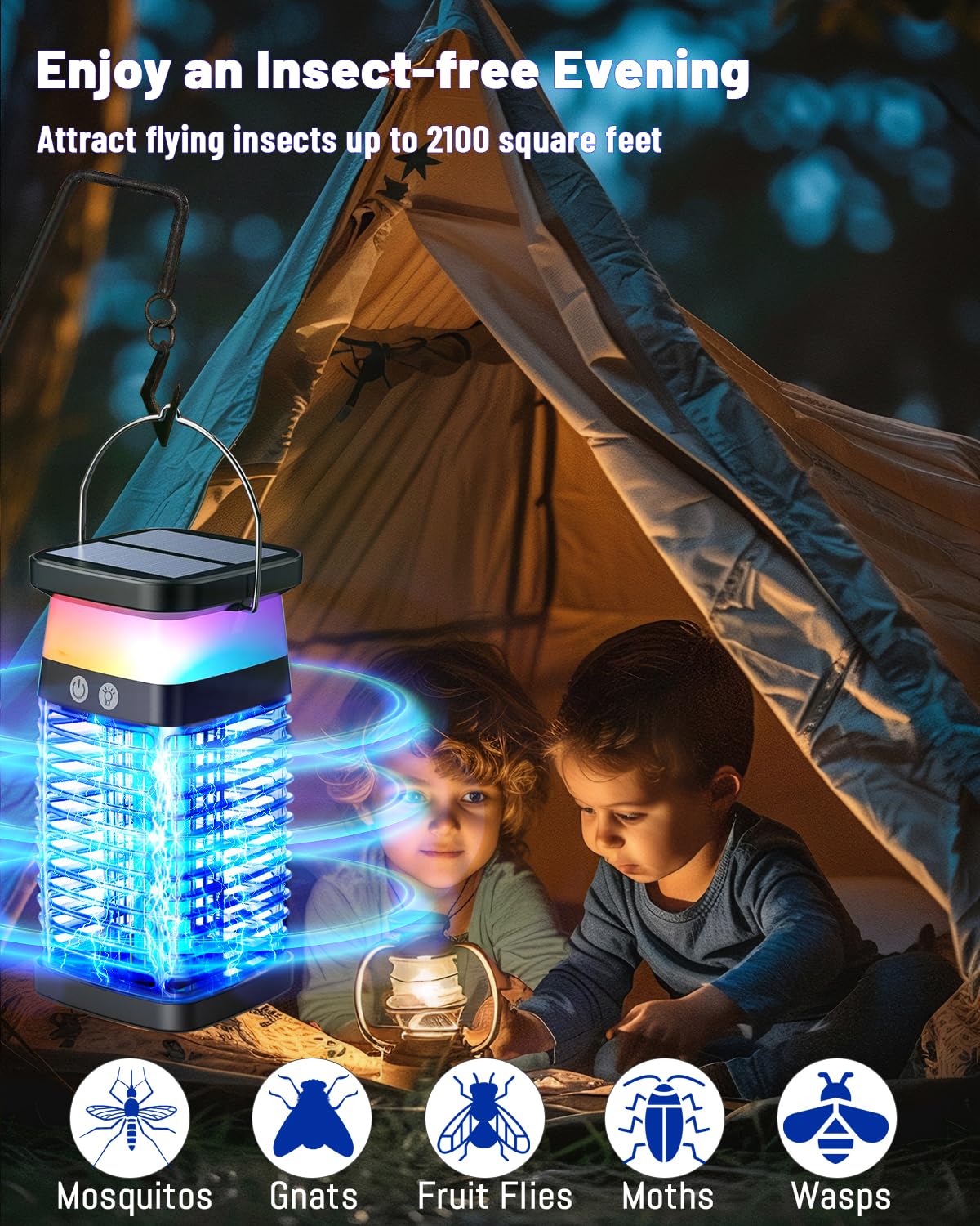 Solar Bug Zapper Outdoor Indoor, 3 in 1 Portable Electric Mosquito Zapper, Waterproof Plug in with RGB Light & Reading Lamp, Rechargeable Fly Zapper Insect Trap for Patio Camping Home Backyard