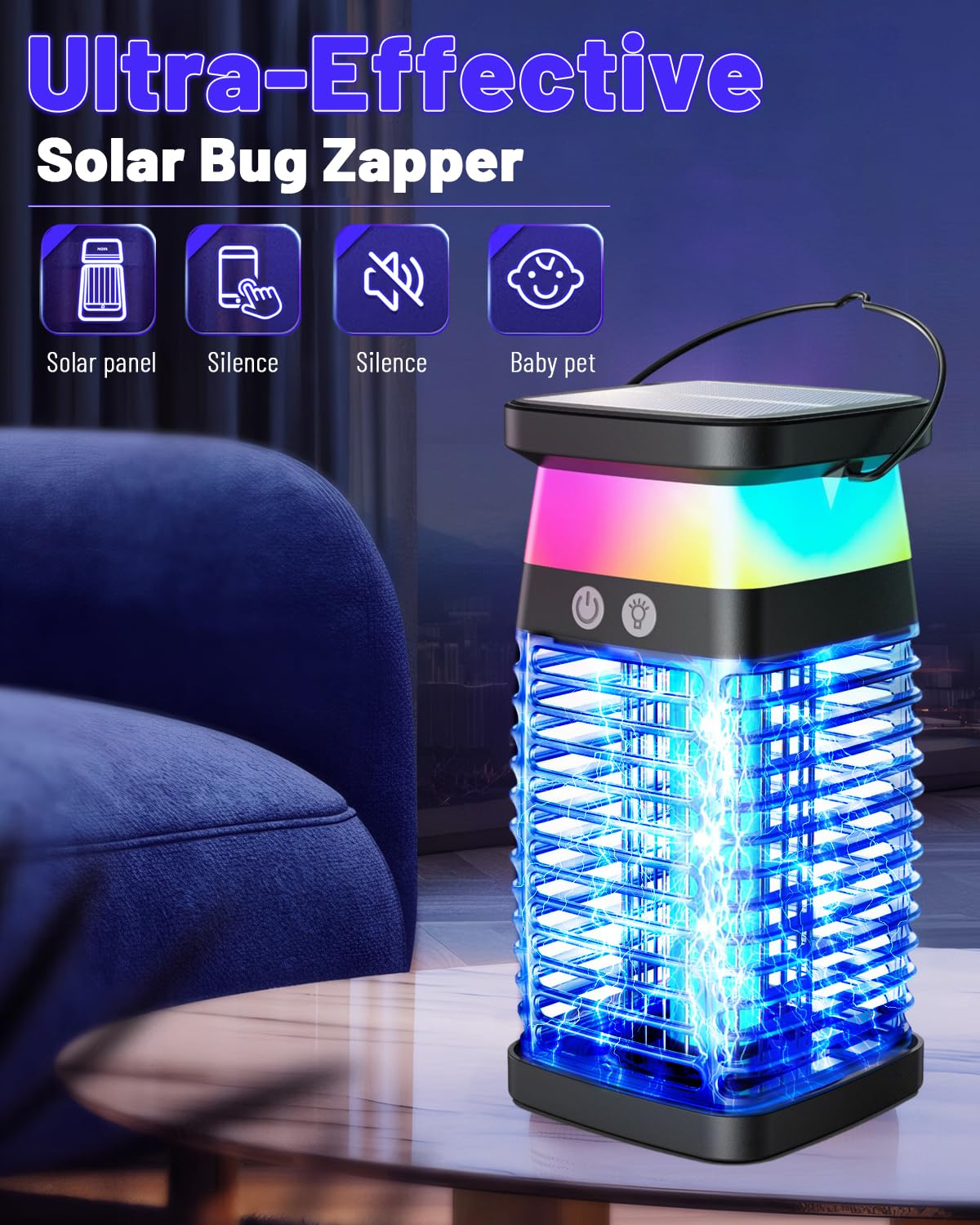 Solar Bug Zapper Outdoor Indoor, 3 in 1 Portable Electric Mosquito Zapper, Waterproof Plug in with RGB Light & Reading Lamp, Rechargeable Fly Zapper Insect Trap for Patio Camping Home Backyard