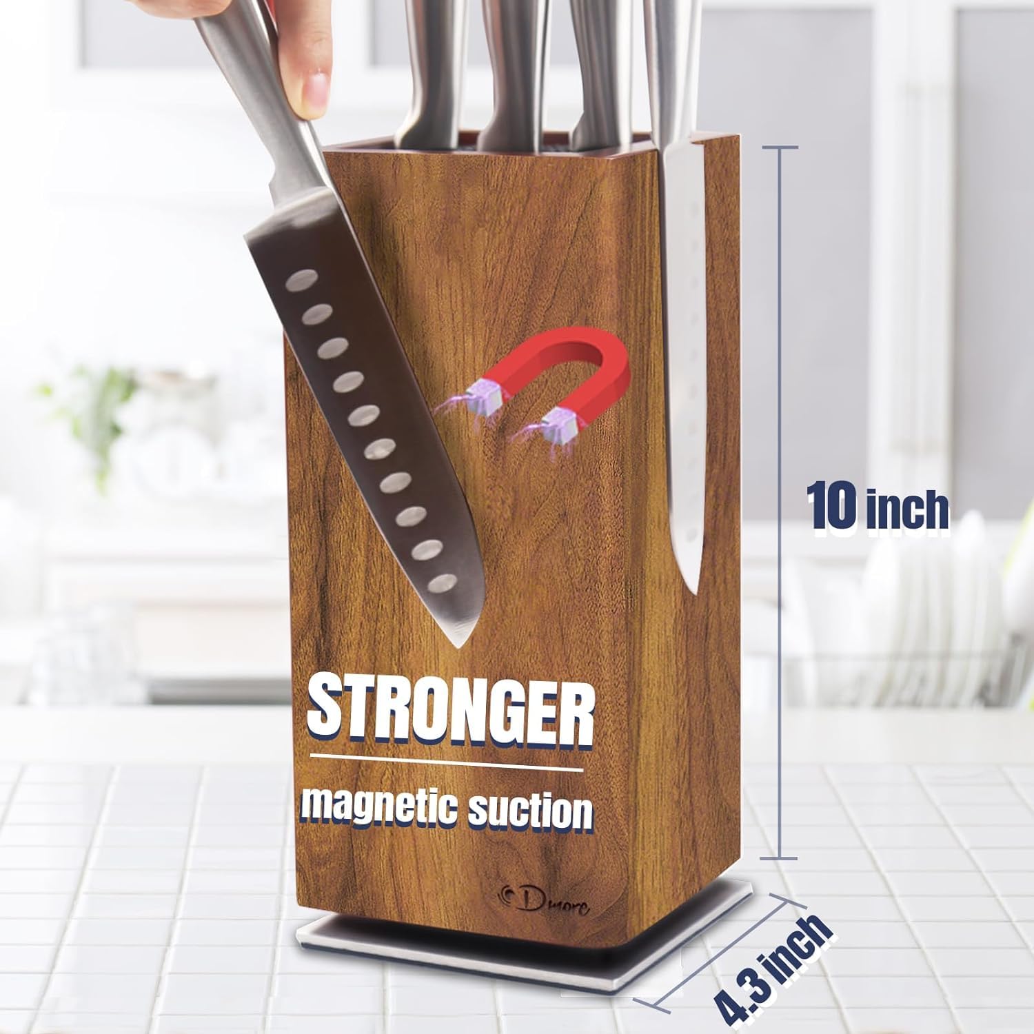 Dmore magnetic knife block without knives, 360° rotatable magnet knife holder stand made of fine acacia wood, Extra Large capacity knife storage for knives and utensils for kitchen counter top