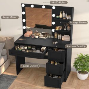 usikey Makeup Vanity Desk with Mirror and 10 LED Lights, Makeup Vanity Table with 4 Drawers, Vanity Desk Dressing Table with 2 Storage Shelves, 3 Color Modes Adjustable Brightness for Bedroom,Black