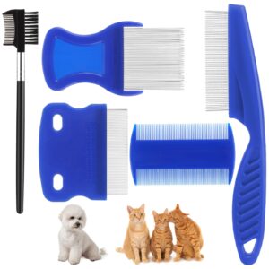 molain 5 pack tick flea comb, stainless steel dog cat grooming combs with rounded teeth, flea brush for cats lice combs, thick hair pet tear stain comb, fine tooth comb dematting tool for dog cat