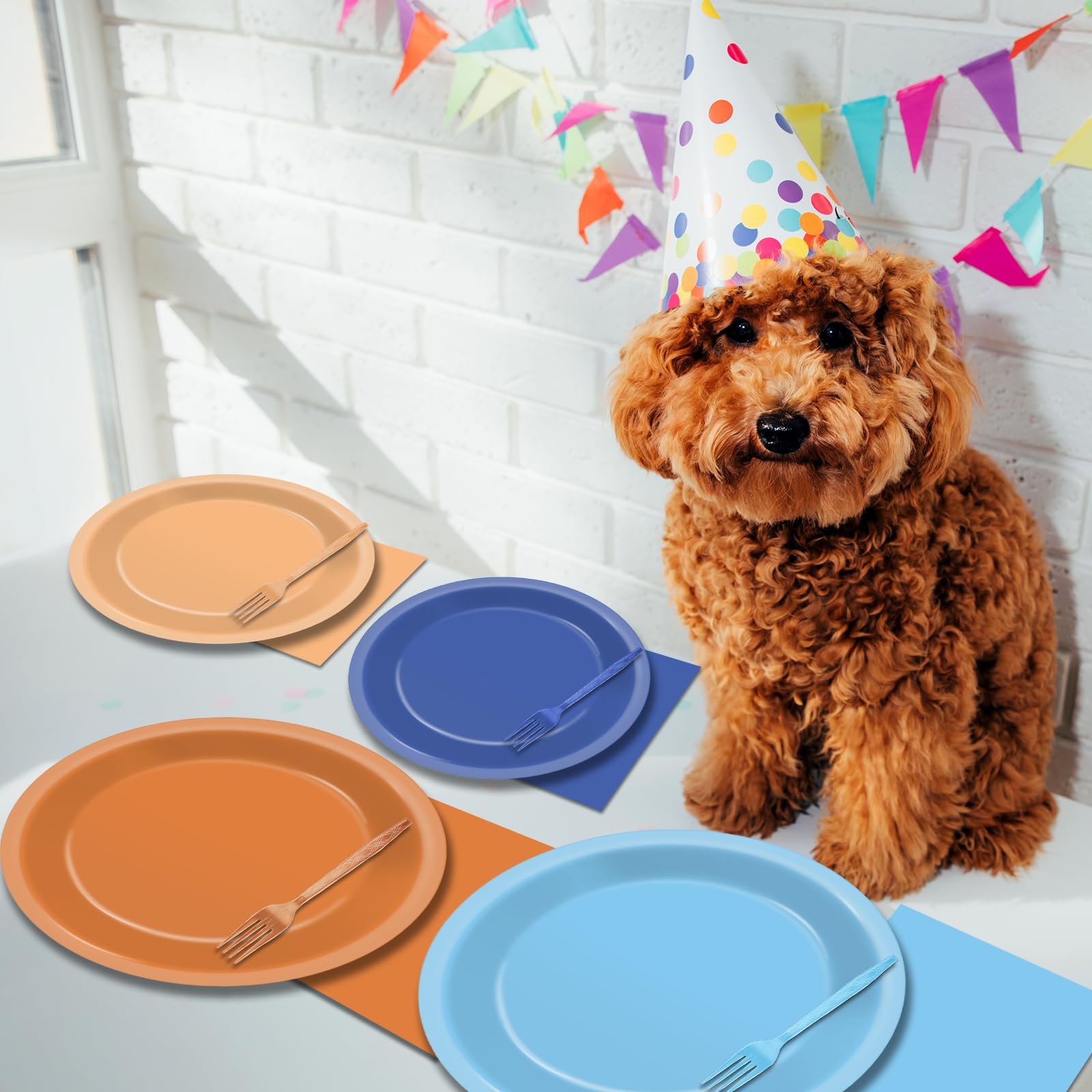 96Pcs Blue Dog Birthday Party Supplies Orange Blue Plates Napkins Forks Party Decor Blue Dog Tableware Dinnerware for Kids Boys Girls Birthday Baby Shower Dog Family Party Favors Serves 24 Guests