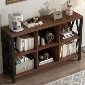 WH-AOERPUMY Solid Wood and Long Wood and Metal Cubby Bookcase, 6 Cube Storage Organizer with Shelf,Industrial Horizontal Bookshelf,Long Metal Cubby Bookcase