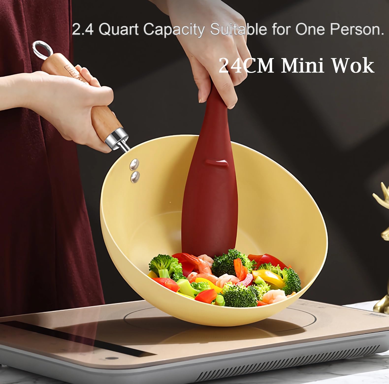 RosyMyth Non Stick Frying Pan, Double-sided Ceramic Coating Mini Wok, 24cm / 9.4 Inch / 2.3 quart Capacity, Yellow