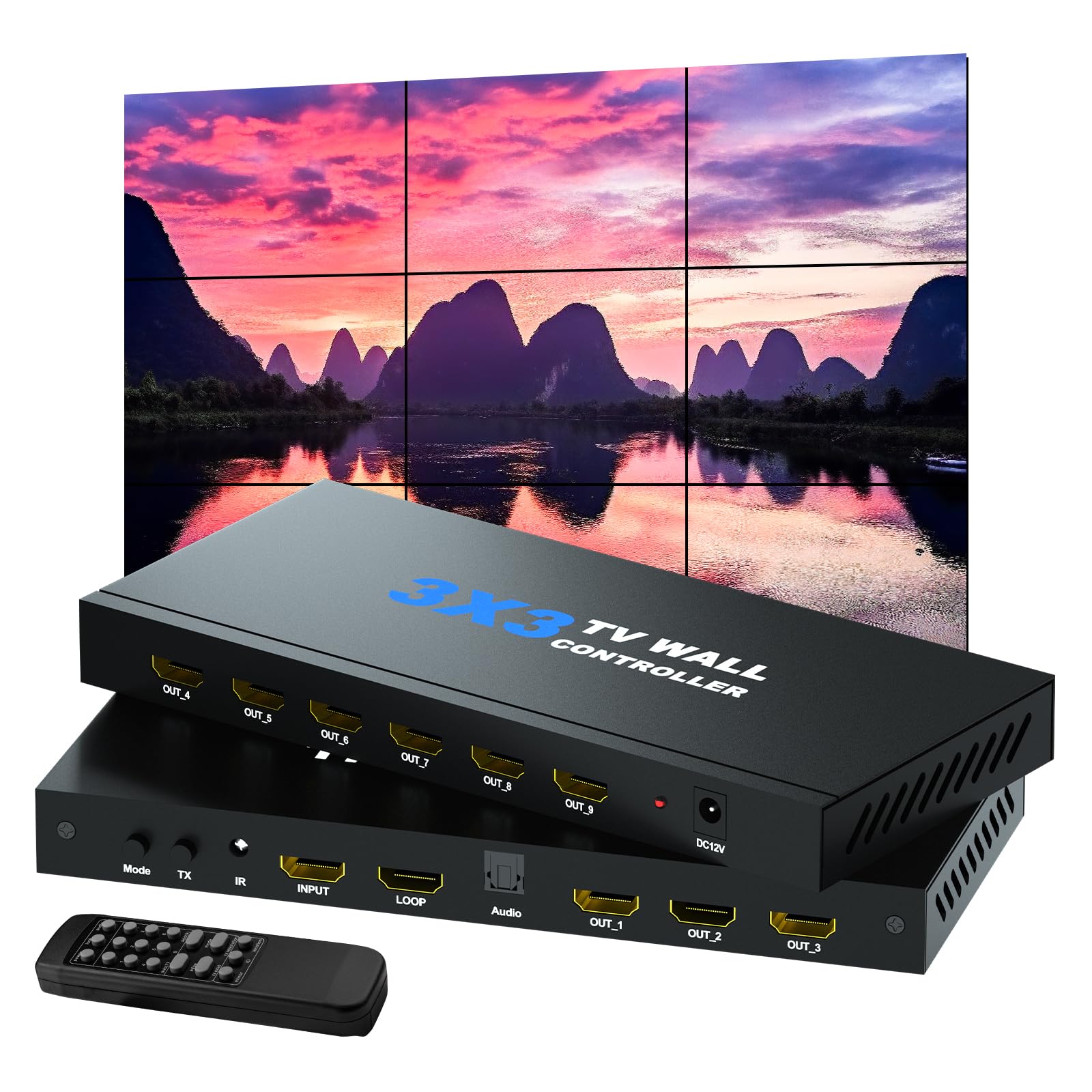 BOOBRIE Video Wall Controller, Video Wall Processor 3x3 4K Input & 1080P HDMI Output for 9 TV Splicing Display, 180 Degree Rotate, 14 Splicing Modes 3x3 3x2 2x2 3x11x4 2x3 4x2 2x4...