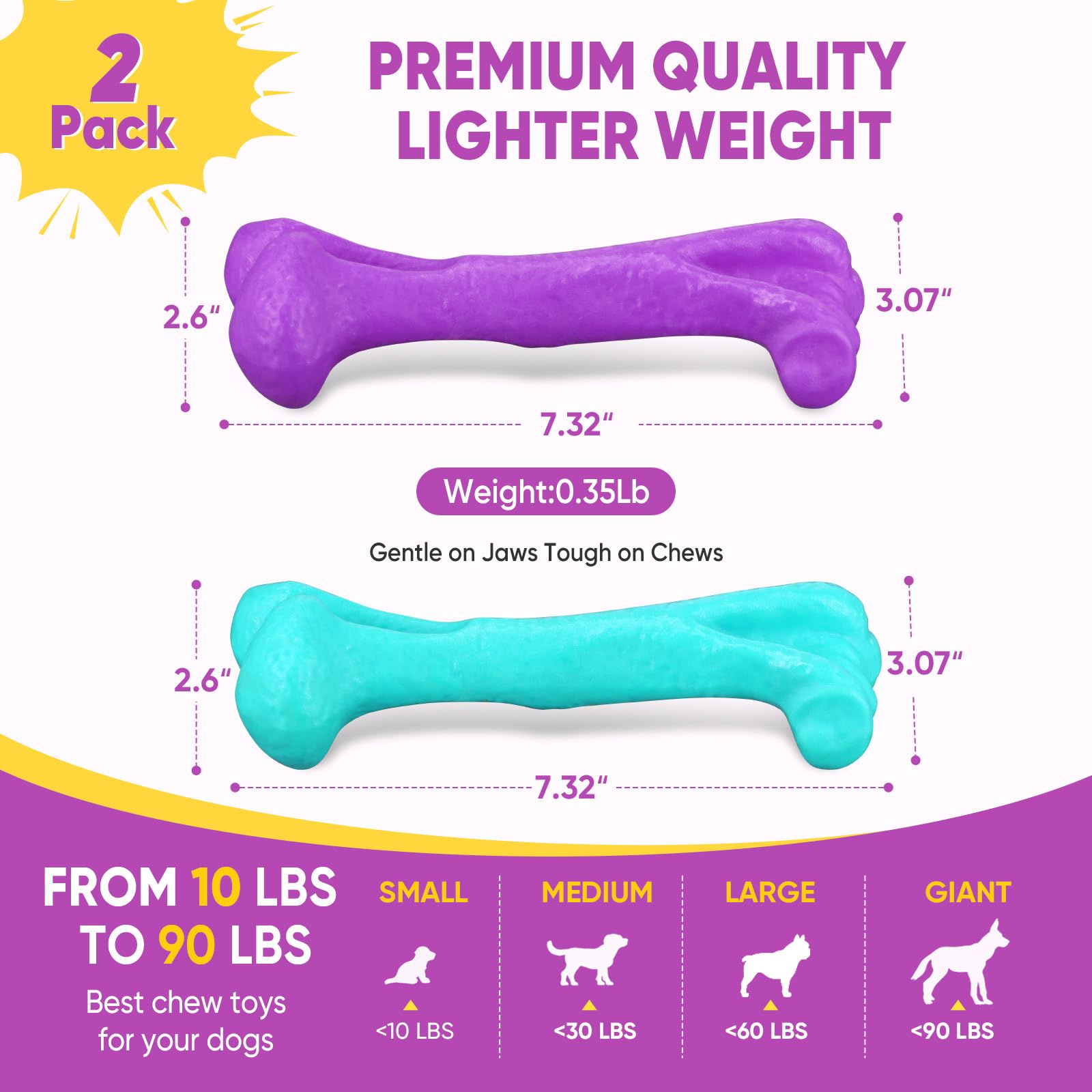 Mitzifuzz Tough Dog Toys for Aggressive Chewers, Interactive Dog Toys to Keep Them Busy, Dog Chew Toys Long Lasting for Large/Medium/Small Dogs, for Teeth Cleaning, Bacon Flavor(2pcs, Purple+Cyan)