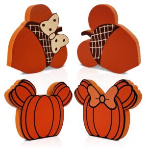 4 pack thanksgiving decorations for office work desk, fall mouse pumpkin wooden table decor harvest halloween wooden table centerpieces thanksgiving mouse tiered tray decorations home farmhouse