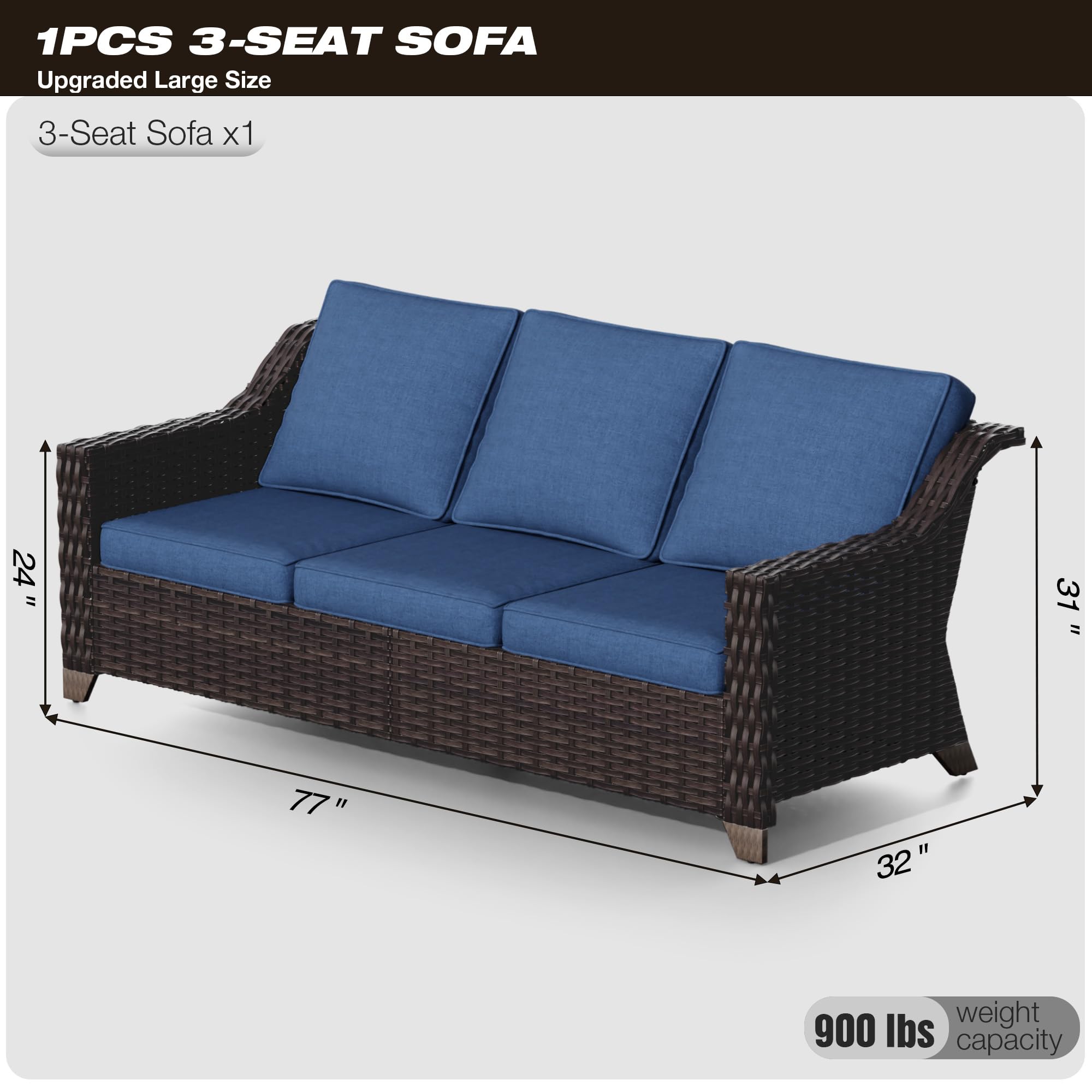 Joyside Patio Sofa - 3 Seater Rattan Sofa, All Weather High Back Sofa, Upgraded Large Size with 4inch Seat Cushions for Backyard, Garden, Poolside (Brown/Blue)