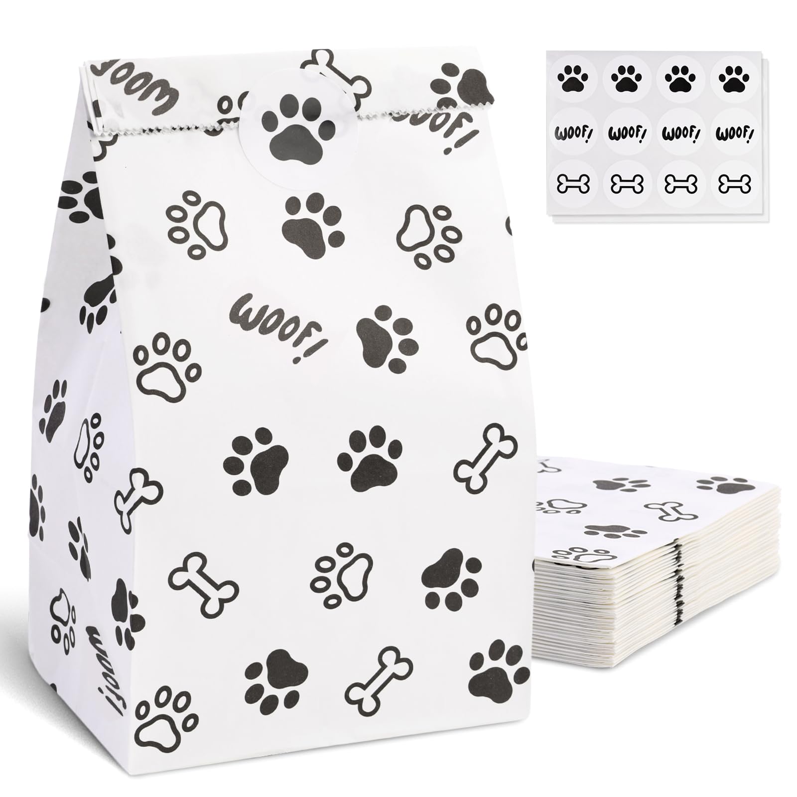 JOHOUSE Dog Paw Print Gift Paper Bags, 24PCS Paw Print Treat Bags Black White Paw Goodie Bags for Birthday Party Baby Shower Holiday Celebration 4.7"x 3.1"x 8.7"