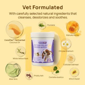 HICC PET Ear Finger Wipes for Dogs & Cats - Gently Remove Ear Wax, Debris - Sooths & Deodorizes - Relieve Ear Itching & Inflammation, Honey Scented, All Natural Ingredients - 50 Count