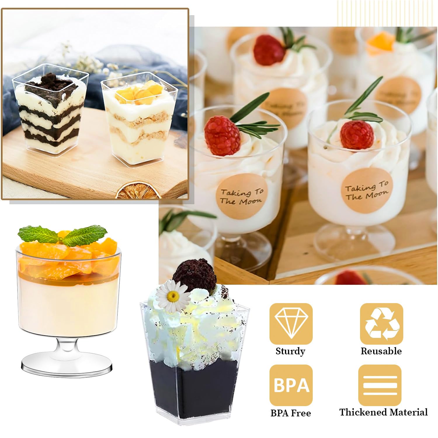 200Pcs Dessert Cups with Spoons 100Pcs 5 OZ Mini Clear Plastic Appetizer Parfait Cup 100 Spoon Small Fruit Ice Cream Mousse Pudding Serving Bowl Shooter for Party Square Wine Shot Glasses Round Goblet