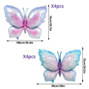 AEXHOT 8PCS Butterfly Balloons, Gradient Giant Butterfly Foil Mylar Balloon Butterfly Birthday Decorations for Butterfly Theme Birthday Party Wedding Supplies (Pink Purple, Blue)